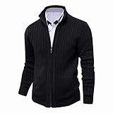 AOLI RAY Herren Strickjacke Stehkragen Cardigan mit Reißverschluß und Taschen Feinstrike Pullover Schwarz L