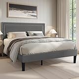 VECELO Polsterbett 140 x 200 cm Doppelbett Bettrahmen mit Höhenverstellbarem Kopfteil, Gepolstertes Bettgestell mit Lattenrost, Samtbezug, für Erwachsene & Jugendliche, Ohne Matratze, Grau