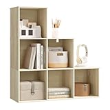 WOLTU Bücherregal mit 6 Fächern, Würfelregal Treppenregal Stufenregal Standregal, für Wohnzimmer Schlafzimmer Kinderzimmer Büro, helle Eiche, 90,5x90,5x30 cm, SK061hei