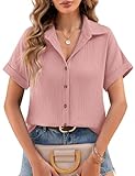 heekpek Musselin Bluse Damen Sommer Blusenshirt V-Ausschnitt Hemdbluse Elegante Oberteile 100% Baumwolle Kurzarm Blusen Tunika Shirt, Rosa, L