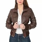 Schwarze Bomberjacke für Damen, Leder, Reißverschluss, Motorrad-Stil, Kragen, Reißverschlusstaschen, echtes Leder, Freizeit- und Motorradbekleidung, braun, 38