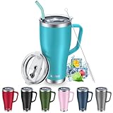 KETIEE Thermobecher mit Strohhalm 850ml- Kaffeebecher to go mit 2 Deckeln 30oz Edelstahl Isolierbecher mit Griff Autobecher Trinkbecher Tumbler Kaffeetasse für Heißer und Kalter Getränke,T-Blau