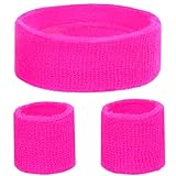 KarneLux Neon Schweißbänder Set - Retro 80er 90er Outfit Vokuhila Zubehör mit Armbänder und Stirnband - Kostüm Accessoire für Damen und Herren (Neon Pink)