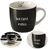LS-LebenStil XL Jumbo Kaffeebecher 420ml Spruch First Coffee Schwarz Weiß Henkelbecher Kaffeetasse der perfekte Kaffee-Pott Riesen-Becher Henkel-Becher für Kaffee Milchkaffee Cappuccino Geschenk
