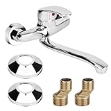 RUCUDIM 360° Drehbar Wasserhahn Küche Wandarmatur, Kalt und Heiß Einhebelmischer, Mischbatterie Küche, Wall Mounted Tap, Waschtischarmatur Waschtischmischer für Wandmontage, Schwenkarm 24CM, Chrom