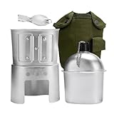 BeGrit Aluminium Feldflaschenbecher Tragbar 850ML Militär Überleben Trinkflasche Camping Wasserflasche mit tragbarem Ofen Draussen Feldflasche Löffel für Sportwanderungen Camping Reisen Picknick
