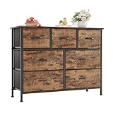 CAIYUN Kommode mit 7 Schubladen aus Stoff, Schubladenschrank, Aufbewahrungsschrank Hoch Holztop Komodenschrank Sideboard Möbel für Schlafzimmer/Wohnzimmer/Flur/Kinderzimmer, Rustikales Braun