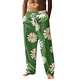 Leichte Herren-Sommerhose – Herren-Leinenhose, elastische Taille, Stretchhose, gerades Bein, kariert, Sommer-Leinenhose, Kokosnussbaum-Druck, Jogginghose, Taschen