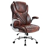 KCREAM Ergonomischer Chefsessel,PU Leder Bürostuhl Schreibtischstuhl mit Wippfunktion (90–120°), klappbare Armlehnen & Lendenstütze, für Home-Office Bürostuhl 180kg belastbarkeit,Braun