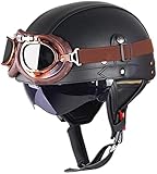 Retro Helm Motorradhelm Lederhelm Jethelme Vintage Mopedhelm Mit Brille ECE Zertifiziert Motorradkreuzer-Rollerhelm im Deutschen Stil (Eisenhaltig,S/55-56cm)