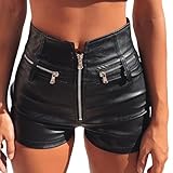 Leder Shorts Damen Schwarz Lederhose Damen Stretch Kurze Hose Damen Sommer Sexy Zipper Slim Fit Hotpants Clubwear Lederimitat Ledershorts PU Lederoptik Kunstlederhose Motorrad Hosen Ledershorts