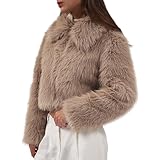 Amazhiyu Pelzmantel Damen, Felljacke Kunstfell Jacke Kunstpelz Mantel Pelzjacke, Kurz Plüschmantel Wintermantel Jacken, Faux Fur Coat Mit Reißverschluss und Pockets, Khaki, S