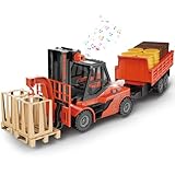 Mostop 1/16 Gabelstapler mit Anhänger BAU-Spielzeug, Trägheitsgabelstapler mit Eimern/Kisten/Paletten, Reibungsangetriebene BAU-Autos Spielzeug mit Licht und Sound, Geschenke für Jungen und Mädchen