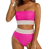 Balconette Bikini, Bandeau Bikini Damen Set Bügelbikini Badeanzug Ohne Träger Bademode Trägerlos Bikinis Kleine Brüste Mit Bügel Hoher Beinausschnitt Sommer Sport Zweiteiler Bauchweg, Roter, M