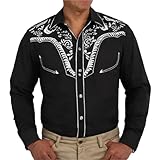 Herren Western Hemd mit Button Down Kragen Retro Western Cowboy Langarmhemd Slim Fit Sporthemd Modische Hippie Bestickt T-Shirt Freizeithemd Casual Sommer Baumwolle Langarmshirt