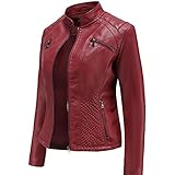 SHADIOA 2021 Lederjacke Damen Reißverschlüsse Frühling Herbst Damen PU Lederjacke Schlank Motor Biker Mantel Weibliche Übergroße,Rot,XL
