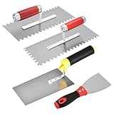 BYZESTY Zahnkelle, Edelstahl Zahnglättekelle, 4-Teiliges Edelstahl Maurerkelle, Zahnspachtel Edelstahl Zahnkelle, Gezahnt Glättekelle mit Kunststoffgriff für Putzmassen, Beton