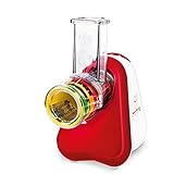 Moulinex DJ756G Fresh Express Plus, Elektrisches Schnitzelwerk, Gemüseschneider, Gemüsehobel, 5 Einsätze inkl. Reiben, 200W, Metallic-rot / Weiß