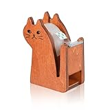 MYLERCT Klebestreifen Abroller Holz, Katzenförmiges Tischabroller, Braun Klebebandabroller, mit Einer Rolle Klebeband, Klebebandabroller Vintage, für Büro, Schule, Zuhause