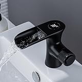 Wasserfall-Badezimmerarmatur mit Digitalanzeige, mit Steuerung und spritzwassergeschütztem belüftetem Durchfluss aus Messing für moderne Badezimmermöbel-Sets (schwarz)
