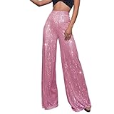 CreoQIJI Pailletten Hose Damen Gold-Silber Hose Lang Glitzer Hose Lang High Waist Baggy Jogginghose Weites Bein Sommerhose Locker Weite Hose Große Größen Paillettenhose Büro Pants Glitzer Hosen