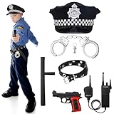 Livdouyu Polizei Kostüm Kinder, 6 Stück Polizeikostüm mit Walkie-Talkies, Handschellen, Schlagstöcke, Hüte, Hüftgürtel, Rollenspiel Kit für Jungen Mädchen Karneval