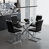 GOLDFAN Esstisch Set mit 4 Kunstleder Hochlehner Stühlen Rechteckiger Glastisch mit 4 Stuhl für Küche, Esszimmer & Wohnzimmer (110cm, Schwarz)