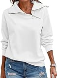 Cuptacc Pullover Damen Elegant Stehkragen Langarm Quarter Zip Pullover Lässig Basic Einfarbig Baumwolle Top Damen Weiß, Mittel M 38-40