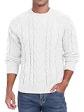 QIXING Herren Zopfmuster Pullover Rundhals Strickpullover Weicher Lässiger Langarm Strukturierter Strickpullover für Männer (Weiß, L)
