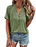 VEUNCOS Damen Sommer V-Ausschnitt Kurzarm T Shirt Knopfleiste Baumwolle Lockere Oberteile Olivgrün XL