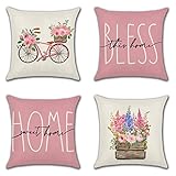 JOTOM Kissenbezug 4er Set Blemen Dekokissen Kissenbezüge Dekoration Outdoor Kissenbezüge Leinen Dekokissen für Schlafzimmer Sofa Stuhl Bett Garten (45 x 45 cm, Home Rosa)