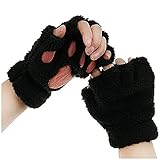 rackbone Fleece-Handschuhe für Damen, Katzenpfotenhandschuhe, Handschuhe aus Kunstfell, Winter, warm, halber Finger, niedlich, Katzenpfote, Cosplay, Handschuhe, Cartoon-Handschuhe, warm, Schwarz , One