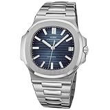 Alienwork Automatikuhr Armbanduhr Herren Damen Silber Edelstahl Metallarmband Kalender Datum Marineblau Kalender Glasboden Wasserdicht 5 ATM
