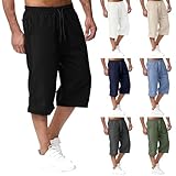 3/4 Hose Herren Sport Leinenhose Elastische Taille Caprihosen Leicht Stoffhose Mit Taschen Freizeithose Laufhose Baumwolle Leinen Hosen Gummizug Sommerhose Baggy Strandhose Männer Sporthose