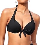 DOBREVA Damen Push Up Bikini Oberteil mit Bügel Gepolsterte Sexy Halfter Self Tie Bademode - BH Größen Schwarz 80E