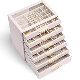Vlando Schmuckkästchen Groß, Schmuckkasten mit 6 Ebenen, Schmuck Organizer mit Glasdeckel, 6 Schubladen,für Halsketten, Ohrringe, Uhren, Armbänder, Schmuckaufbewahrung, Modern, Cinderella Plus, Rosa