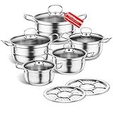 Topfset aus Edelstahl, Großes Kochgeschirr Induktion-Kochtopf-Set, Töpfe mit Glasdeckel und Stielkasserolle, 12-teilig, Töpfe Set Geeignet für alle Herdarten (Hellgrau D)