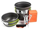 Kochset Camping Topf Set, Shayson Camping Kochgeschirr mit Gaskocher, Outdoor Kochgeschirr Topf Geschirr Set, 1-2 Personen Tragbar Mini Aluminium Faltbare Besteck Campingkocher für Picknick Kochen