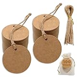 Kraftpapier Rund Anhänger Etiketten, 100 Stück Braun Geschenkanhänger mit 100 Stück Juteschnur, 5 CM kraftpapier Etiketten Tags, für Verpacken, Hochzeiten, Partys, Wahletiketten, Preisschilder