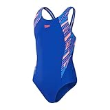 Speedo Mädchen Girls Boom Logo Splice Muscleback Badeanzug, True Cobalt/Siren Red/Picton Blue, 11-12 Jahre EU