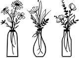 ZHXMALL 3 Stück Metall Blumen Wanddekoration,Schwarze Wandskulptur,Minimalistische in Vase,Hängende Wandkunst aus Eisen für Terrasse Wohnzimmer Badezimmer Schlafzimmer Esszimmer Küche Dekorationen