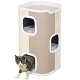 PawHut Kratztonne für Katzen Katzenkratzbaum 3 Ebenen Katzenbaum Kletterbaum für Katzen Katzenmöbel Spanplatte samtartiges Polyester Sisal Beige+Weiß 40 x 40 x 74 cm