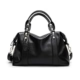 PORRASSO Fashion Handtasche Leder Damen Schultertasche Henkeltasche Umhängetaschen Arbeit Reise Verabredung Boston Tasche Schwarz
