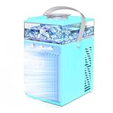 Mobile Klimageräte, Mini Luftkühler für Zimmer, 4 in 1 Klimaanlage Ventilator und Luftbefeuchter, USB Air Cooler mit 7 LED Leuchten, 2 Modi und 3 Geschwindigkeiten für Zuhause, Büro, Reisen (Cyan)