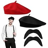 FUIPVGI 4 Stück französisches Kostüm, Baskenmütze, Schnurrbart, Erwachsene, Unisex, Schnurrbart für Kostüm, Haarschmuck, Outfit. (schwarz rot)