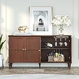 MROJISC Kommode Braun, Weinschrank mit Weinglasregalen, Sideboard Buffet Schrank mit 4 Türen, Mid-Century Holz Akzent Schrank Moderne Kommoden & Sideboards für Wohnzimmer, Esszimmer, Küche