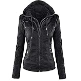 Newbestyle Damen Kunstlederjacke mit Kapuze, gesteppt,Schwarz,M