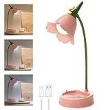 Schreibtischlampe Kinder, Dimmbare LED Tischlampe mit 3 Farbtemperaturen, Wiederaufladbar Blume Tischlampe Kinderzimmer mit Touchsensor und Flexibles Arm, Schreibtischlampe Mädchen Lesen Lernen