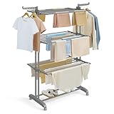 SONGMICS Wäscheständer, Standtrockner 4 Ebenen, Flügelwäscheständer, klappbare Flügel, mit Rollen, 63,5 x 128 x 173 cm, groß, einfacher Aufbau, für Innen- und Außenbereich, grau LLR701G01