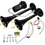 12V 150dB Drucklufthorn Lufthorn, LKW Hupe, Doppelrohr Horn, Chrom Zink Dual Trumpet Air Horn mit Kompressor für alle 12V Fahrzeuge LKW Zug auto van boot motorrad usw, Schwarz